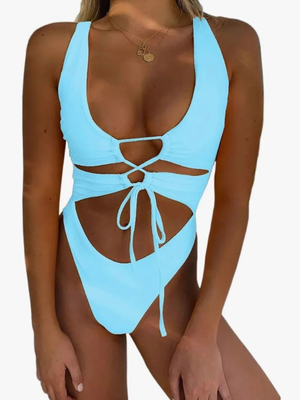 Sky Blue Cutout Lace-Up One-Piece Swimsuit
